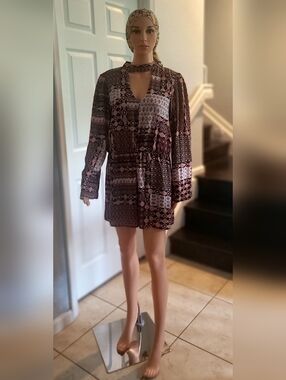 Want and NEED Long-Sleeve V-Neck Romper with Choker Detail in Burgundy and Pink